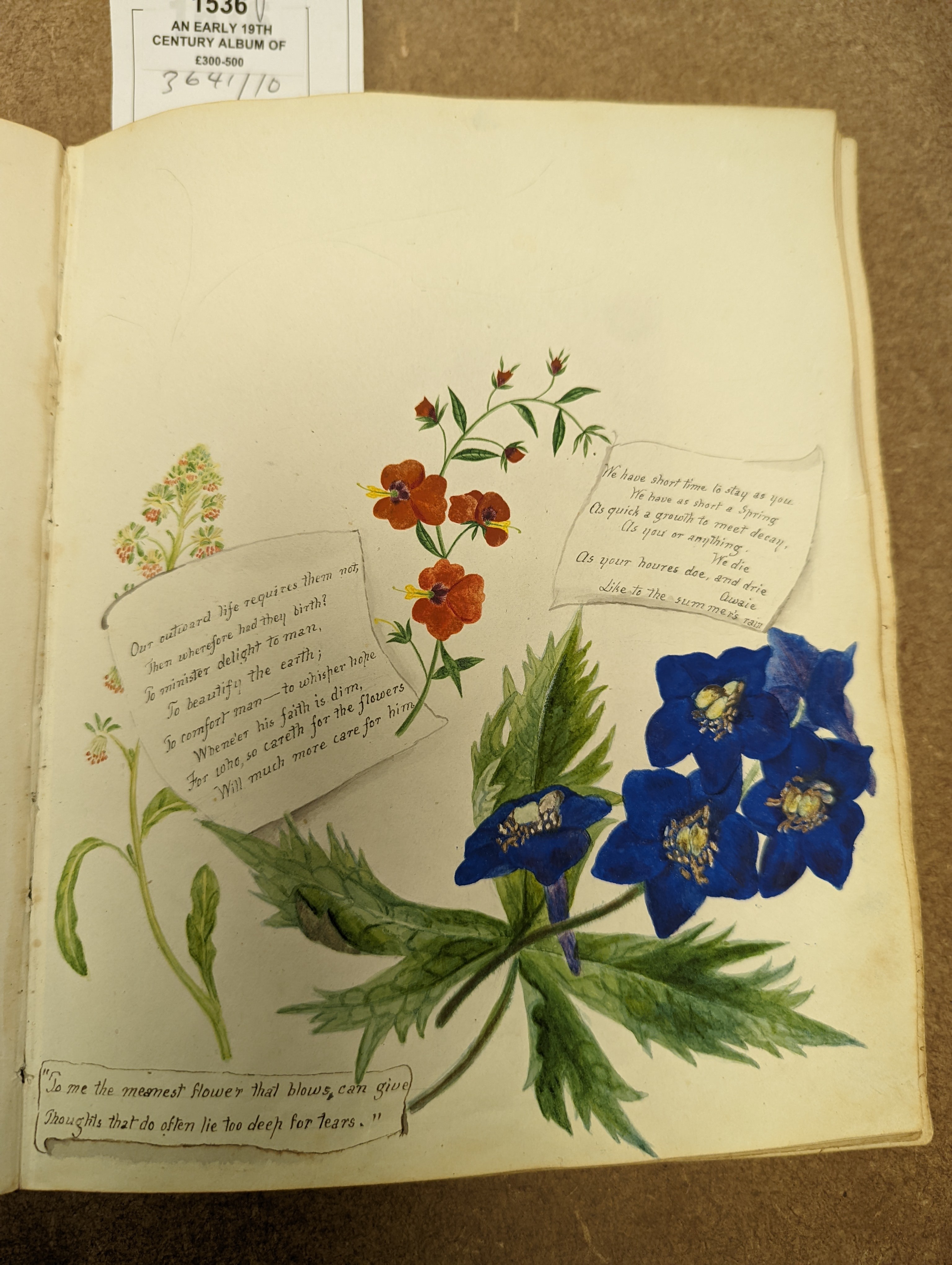 An early 19th century album of 152 watercolours, and pencil and ink drawings, including natural history still life subjects, land and seascapes and vignettes, many with accompanying verse and prose, by approximately 30 d